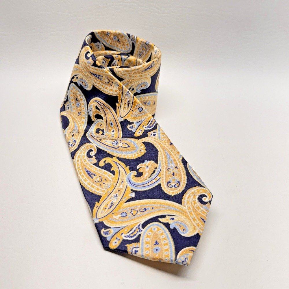 Countess Mara‎ Mens Navy Blue Gold Paisley 100% Silk Hand Made Necktie Tie